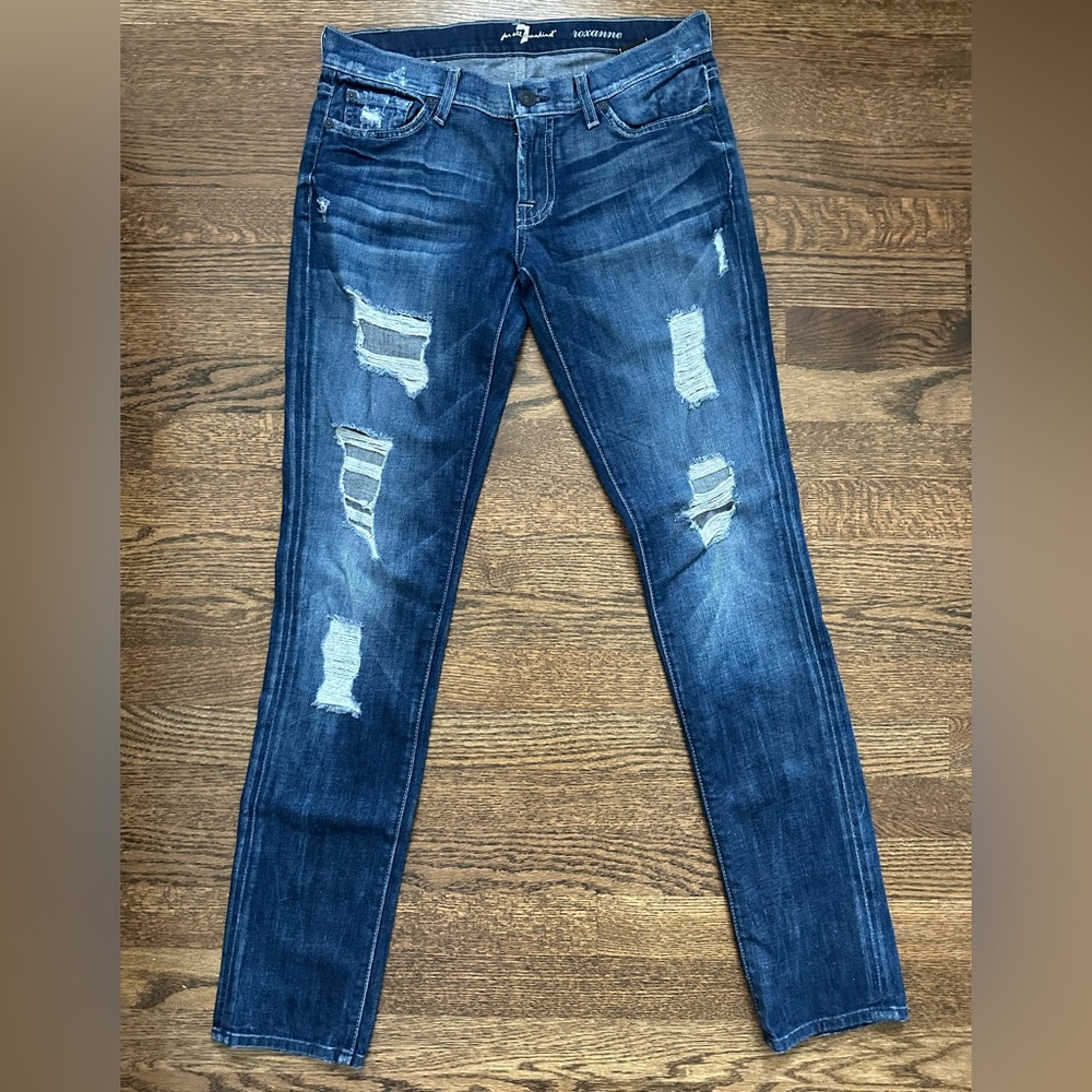 7 For All Mankind Roxanne Skinny Jeans – Mid-Rise, Distressed – 29, Excellent